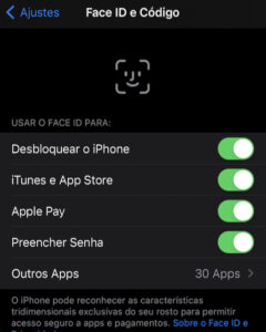 Opções Face ID habilitadas