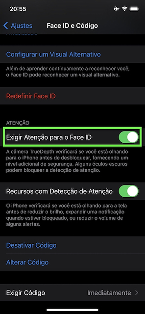 Opções Face ID