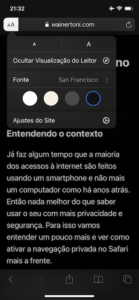 Opções do Modo Leitura no Safari do iOS