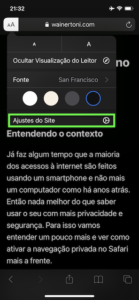 Opções do Modo Leitura no Safari do iOS