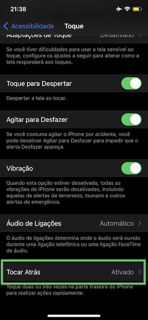 Opção de acessibilidade Toque Atrás