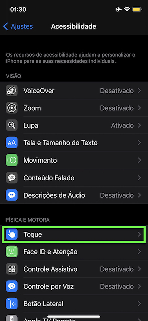 Opção de menu Toque